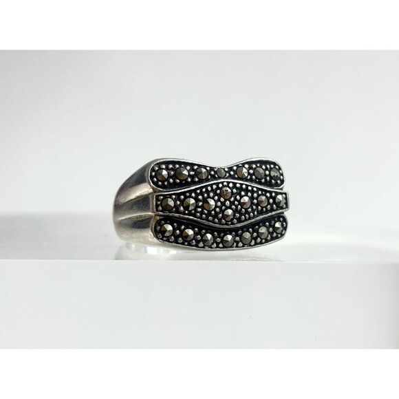 Art Deco Marcasite Multi Gemstone Ribbed Shank Vintage Ring - sz 9 - Picture 9 of 10